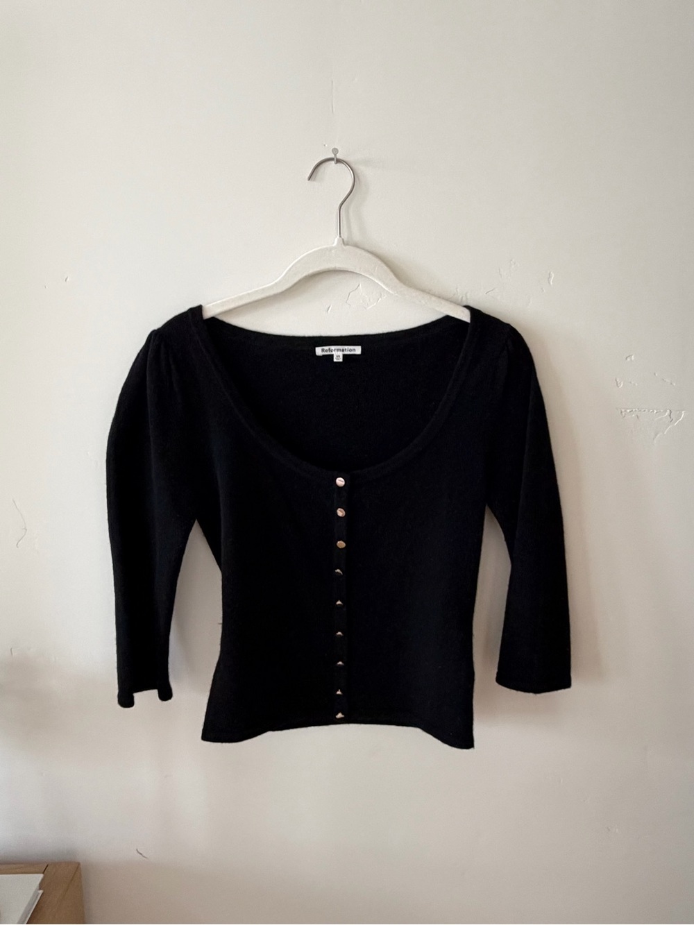 Reformation Black Scoop Neck Button-Front Long Sleeve Top